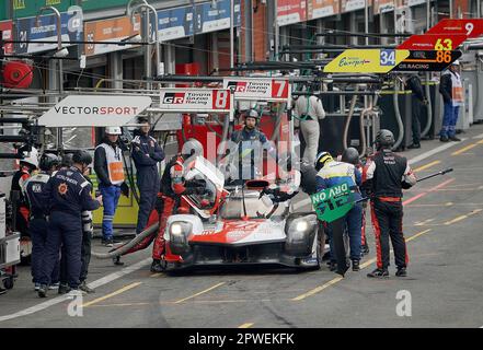 04/29/2023, Circuit de Spa-Francorchamps, Spa-Francorchamps, WEC - TotalEnergies 6 Hours of Spa-Francorchamps, in the picture TOYOTA GAZOO RACING, Toyota GR010 - Hybrid, Mike Conway (GBR), Kamui Kobayashi (JPN), Jose Maria Lopez (ARG) at the pit stop. Stock Photo