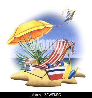 Sandy beach with sun umbrella, striped sun lounger and kite against sea and sky. watercolor illustration, hand drawn. Isolated summer composition on a Stock Photo