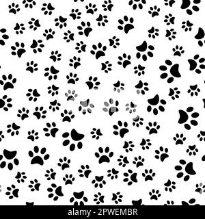 Pads of cat paws seamless pattern. Animal paw prints on ground. Pets and wild animals. Simple black and white vector isolated on white background Stock Vector