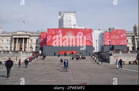 London, England, UK. 30th Apr, 2023. A huge banner covers the National Gallery in Trafalgar Square ahead of the coronation of King Charles III, which takes place on May 6th. (Credit Image: © Vuk Valcic/ZUMA Press Wire) EDITORIAL USAGE ONLY! Not for Commercial USAGE! Credit: ZUMA Press, Inc./Alamy Live News Stock Photo
