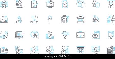 Finance and accounting linear icons set. Budgeting, Taxes, Auditing, Payroll, Investments, Assets, Liabilities line vector and concept signs. Debt Stock Vector