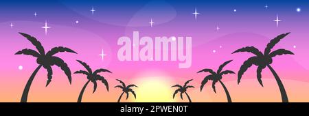 Tropical palms background. Vector web banner template. Summer evening sky, sunset and stars. Palm trees silhouettes illustration. Copy space for text Stock Vector