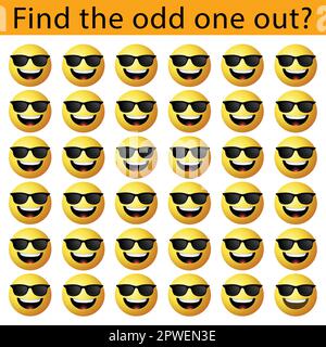 Find the odd one out vector illustration sheet. Spot the difference. Emoji challenge. Stock Vector