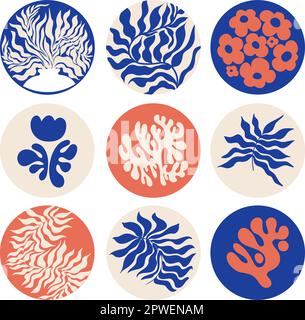 Matisse Abstract Art. Collection aesthetic modern, minimalist art. Flowers, leaves, branches and abstract shape in circle. Vector illustrations, hand Stock Vector