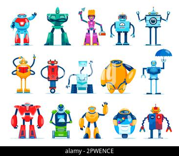 Cartoon robot characters, androids and robotic cyborg machines, vector kids toys. Funny robots, droids and transformers, cheerful cute space bots and Stock Vector