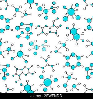 Science and medical molecule icons seamless pattern, chemistry and biology vector background. Thin line molecular structure and chemical formula of bi Stock Vector
