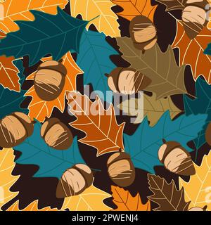 Seamless botanical pattern with autumn oak leaves and acorns vector illustration Stock Vector