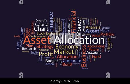 Word cloud background concept for Asset allocation. Money management, financial market strategy of business analysis. vector illustration. Stock Vector