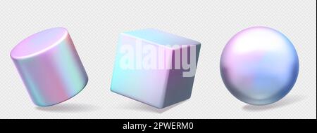 3d abstract figures of geometric shapes with gradient. Hologram objects, sphere, cube and cylinder with glossy iridescent texture, vector realistic set isolated on transparent background Stock Vector