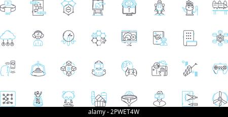 Digital Age linear icons set. Technology, Internet, Automation, Innovation, Cybersecurity, Globalization, Virtuality line vector and concept signs Stock Vector