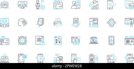 Sales Media linear icons set. Advertising, Branding, Brochures, Campaigns, Clients, Commissions, Content line vector and concept signs. Conversion Stock Vector