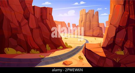 Grand canyon vector landscape illustration. Arizona national park desert with rock mountain and road traffic. Wild outdoor western gorge and unbelievable journey in US landmark with arid terrain Stock Vector
