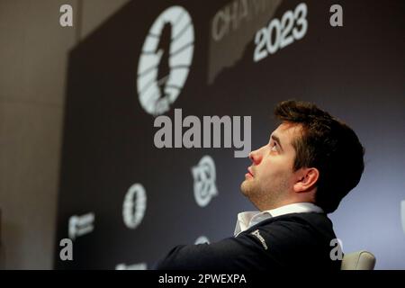 Russia's Ian Nepomniachtchi reacts as China's Ding Liren speaks after their  tiebreaker of FIDE World Chess Championship in Astana, Kazakhstan, Sunday,  April 30, 2023. China's Ding Liren defeated Russia's Ian Nepomniachtchi in