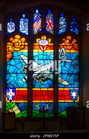 Stained glass window commemorating the USAAF 384th Bomb Group in Grafton Underwood, Kettering, UK Stock Photo