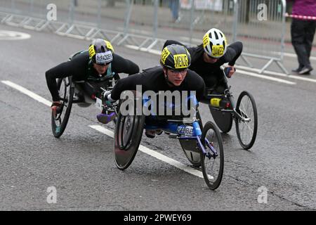 London, UK. 23rd Apr, 2023. Merle Menje, Christie Dawes, and Tatyana McFadden, TCS London Marathon Women's Wheelchair race, The Highway, London Stock Photo