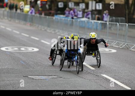 London, UK. 23rd Apr, 2023. Merle Menje, and Christie Dawes, TCS London Marathon Women's Wheelchair race, The Highway, London Stock Photo