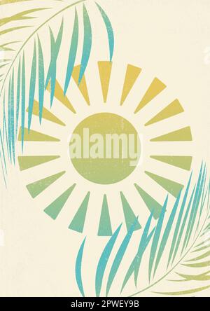 Rainbow colorful sun print boho minimalist wall art. Minimalist artwork with palm leaves Stock Vector
