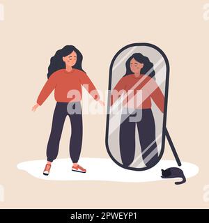 Eating disorder. Slim woman looking herself fat in mirror and feel insecure human. Rejection of yourself. Bulimia or anorexia. Girl with mental Stock Vector