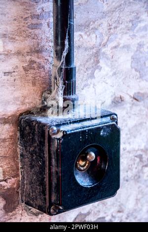Close up image of black antique light switch with cobwebs at Calke Abbey, near Derby, England, UK Stock Photo
