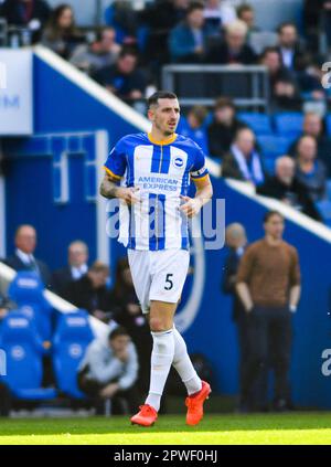 Lewis Dunk of Brighton during the Premier League match between Brighton & Hove Albion and Wolverhampton Wanderers at The American Express Community Stadium , Brighton , UK - 29th April 2023. Photo Simon Dack / Telephoto Images. Editorial use only. No merchandising. For Football images FA and Premier League restrictions apply inc. no internet/mobile usage without FAPL license - for details contact Football Dataco