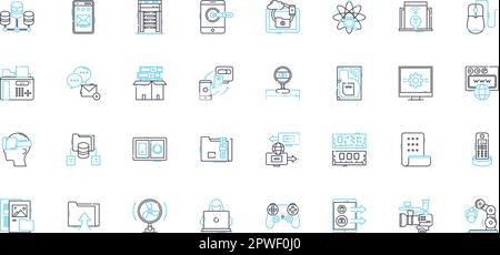 Gadget linear icons set. Smartph, Laptop, Tablet, Camera, Headphs, Earbuds, Smartwatch line vector and concept signs. Fitness-tracker,VR-headset Stock Vector