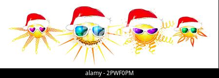 The sun in santa claus hats. Set of suns. Family look. T-shirt print. Vector illustration Stock Vector