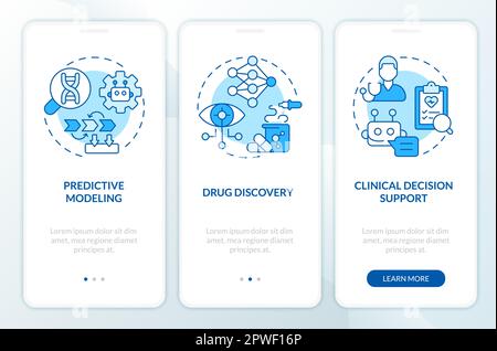 AI and ML in precision medicine blue onboarding mobile app screen. Walkthrough 3 steps editable graphic instructions with linear concepts. UI, UX, GUI Stock Vector