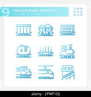 Railway logistics pixel perfect gradient linear vector icons set Stock Vector