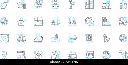Transportation services linear icons set. Logistics, Shipping, Delivery, Hauling, Dispatch, Shipment, Transit line vector and concept signs. Carriage Stock Vector