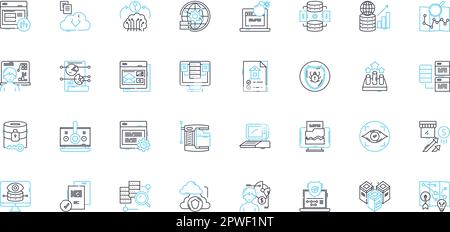 Large-scale analytics linear icons set. Big data, Analytics, Insights, Interpretation, Predictive, Modeling, Integration line vector and concept signs Stock Vector