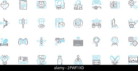 Recreation linear icons set. Outdoors, Adventure, Leisure, Fun, Hiking, Sports, Camping line vector and concept signs. Kayaking,Fishing,Cycling Stock Vector
