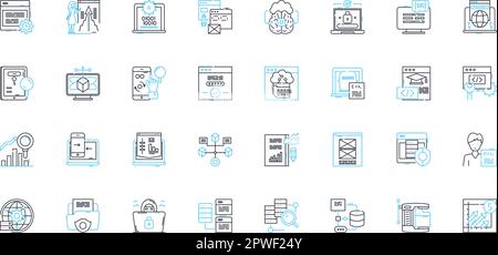 Web computing linear icons set. Browser, HTML, JavaScript, CSS, Server, Database, API line vector and concept signs. Cloud,FTP,Hosting outline Stock Vector
