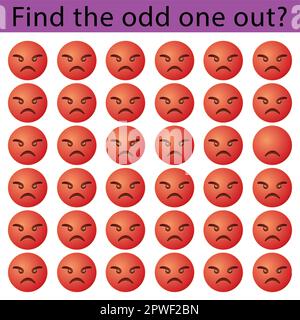 Find the odd one out vector illustration sheet. Spot the difference. Emoji challenge. Stock Vector