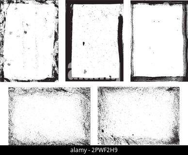 Set of frames with different textures; splashes, strokes and worn. Overlay of dust, dirt, noise particles, grain Stock Vector