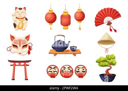 Set japanese kitsune mask, maneki neko cat, daruma doll with faces, kettle or teapot with cup on wooden table, hand fun, torii gate and conical bamboo hat in cartoon style isolated on white background. Vector illustration Stock Vector