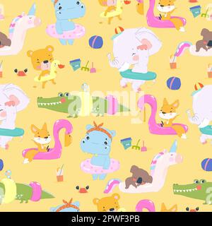 Seamless Pattern with Cute Animals in an Inflatable Circles Stock Vector