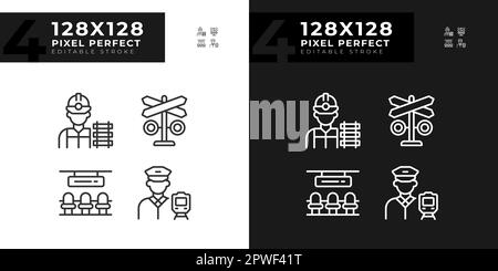 Railroad infrastructure pixel perfect linear icons set for dark, light mode Stock Vector