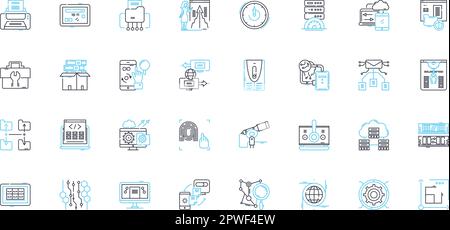Cyber technology linear icons set. Encryption, Malware, Hacking, Firewall, Cyberattack, Cybersecurity, Cybercrime line vector and concept signs. Data Stock Vector