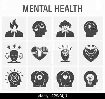Mental health glyph icons, such as sadness, anxiety, therapy, panic attack and more. Vector illustration Stock Vector