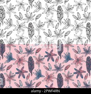 Pack of vectorized patterns of black line flowers on white background, and with editable colors; Gamona flowers, black and white line illustration Stock Vector