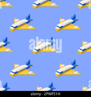 A pattern of planes assembled from plastic blocks in isometric style for print and design. Vector illustration. Stock Vector