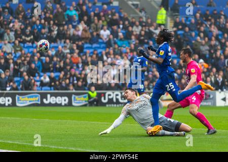 Cardiff City Stadium, Cardiff, UK. 29th Apr, 2023. EFL Championship Football, Cardiff City versus Huddersfield Town; Cardiff City's midfielder Jaden Philogene (25) tries to chip over Huddersfield Town Goalkeeper Lee Nicholls (21). Credit: Action Plus Sports/Alamy Live News Stock Photo