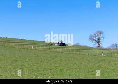 Springtime View over Scottish farmland with a tractor rolling grass meadows in the distance Stock Photo