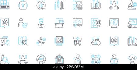 Online education linear icons set. E-learning, Webinar , Distance learning, MOOCs, Virtual classrooms, Edtech, Online classes line vector and concept Stock Vector