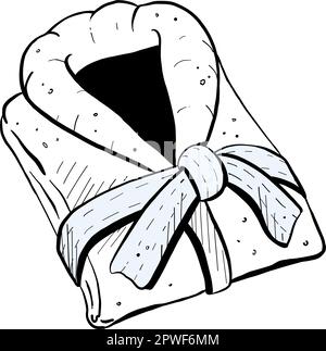 Vector illustration of folded bathrobe on white background. Black outline of new fresh wrapper, graphic drawing. For postcards, design and composition Stock Vector