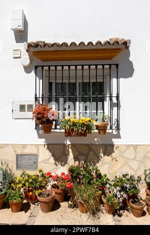 Window decorated with pots with flowers in the Andalusian style Stock Photo
