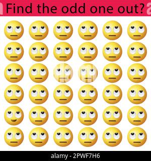Find the odd one out vector illustration sheet. Spot the difference. Emoji challenge. Stock Vector