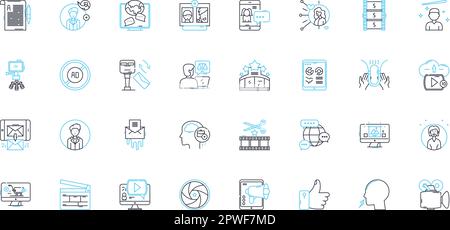 Emerging tech linear icons set. Artificial Intelligence, Robotics, Augmented Reality, Virtual Reality, Quantum Computing, Nanotechnology, Blockchain Stock Vector