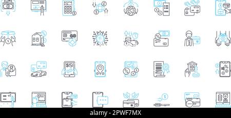 Fintech linear icons set. Cryptocurrency, Blockchain, Payments, Insurtech, Lending, Robo-advisors, Crowdfunding line vector and concept signs Stock Vector