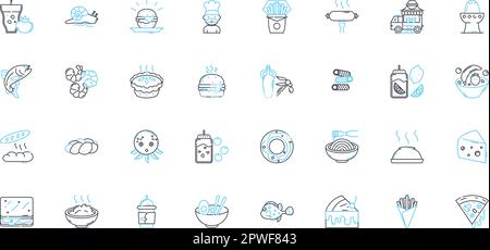 Pastry shop linear icons set. Bakery, Croissant, Cupcake, Muffin, Sc, Donut, Eclair line vector and concept signs. Pie,Tart,Danish outline Stock Vector